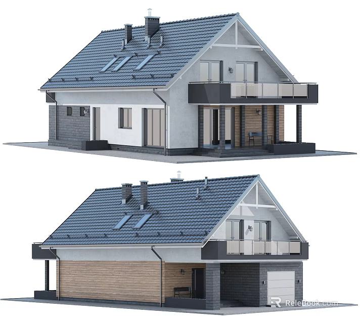 Modern Detached House Exterior Design With Blue Roof Skylights Balcony And Garage 3d model 