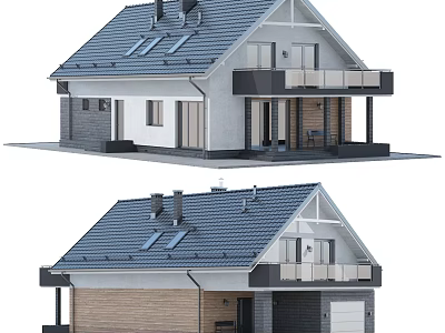 Modern Detached House Exterior Design With Blue Roof Skylights Balcony And Garage 3d model