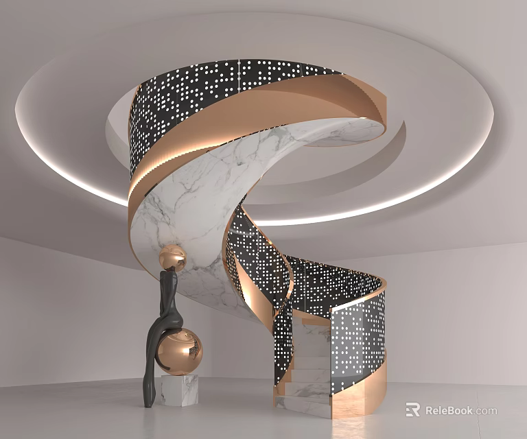 Modern Spiral Staircase Design With Marble Steps Rose Gold Accents And Ambient Lighting 3d model 