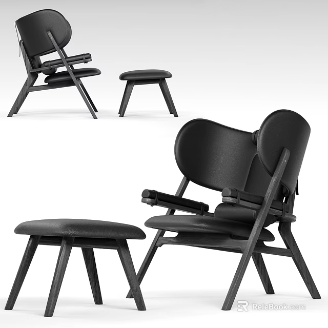 Modern Black Leather Leisure Chair with Wooden Legs and Matching Footstool 3d model 