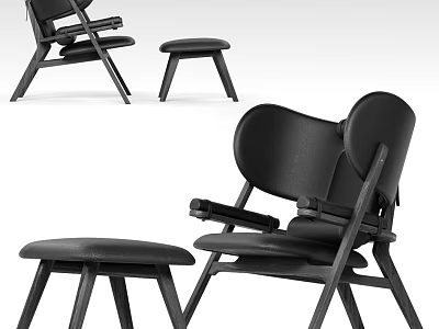 Modern Black Leather Leisure Chair with Wooden Legs and Matching Footstool 3d model