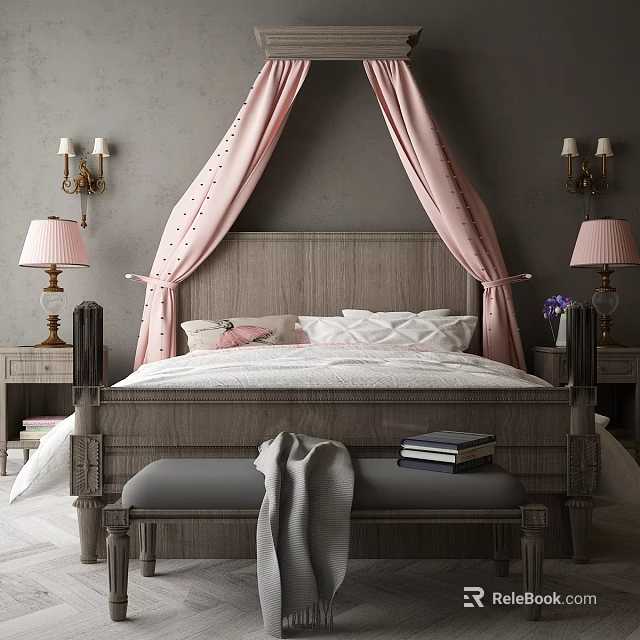 Double Bed Bedroom Interior With Pink Canopy Wooden Headboard Bedside Tables Table Lamps And Bench 3d model 