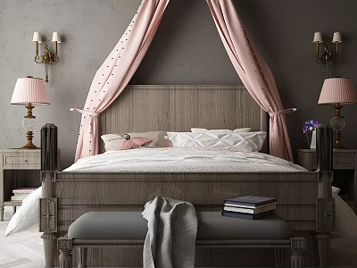 Double Bed Bedroom Interior With Pink Canopy Wooden Headboard Bedside Tables Table Lamps And Bench 3d model