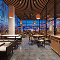 Modern Hotpot Restaurant Interior With Wooden Partitions Open Layout And Pendant Lights