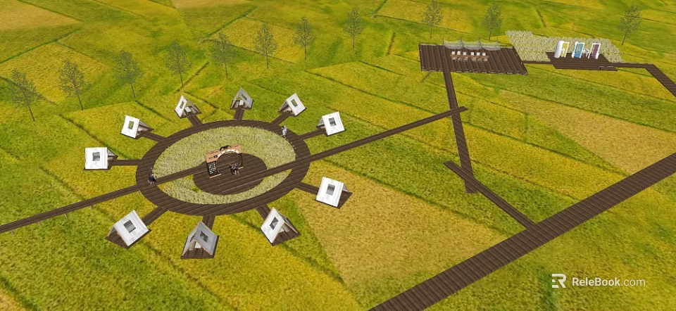 Rural Garden Landscape With Circular Central Area Wooden Pathways And Small Pavilions 3d model 