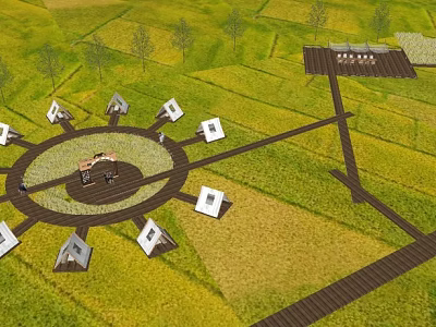 Rural Garden Landscape With Circular Central Area Wooden Pathways And Small Pavilions 3d model