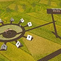 Rural Garden Landscape With Circular Central Area Wooden Pathways And Small Pavilions