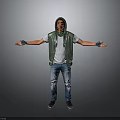 Man in Green Vest and White T-Shirt Standing with Arms Outstretched Against Gray Background