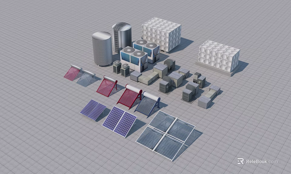 Building Components With Solar Panels Roof Elements And Various Structural Shapes 3d model