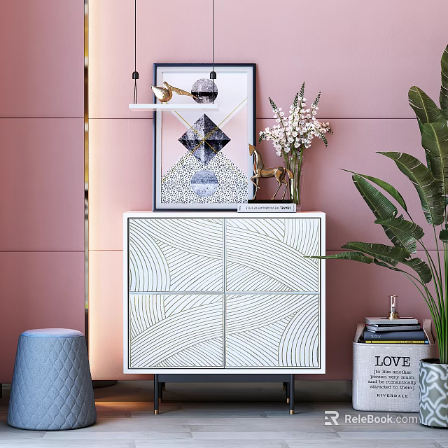 Modern Console Sideboard With White Wave Pattern Decorative Artwork And Potted Plant In Entryway 3d model