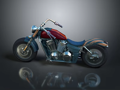 Classic Cruiser Motorcycle Featuring Red Body Blue Leather Seat And Chrome Accents 3d model