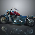 Classic Cruiser Motorcycle Featuring Red Body Blue Leather Seat And Chrome Accents