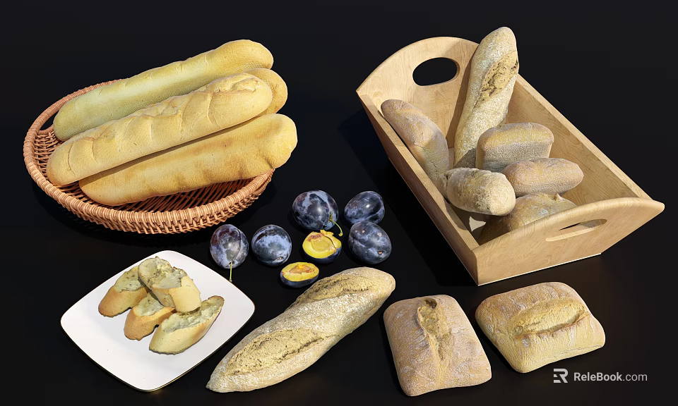 Fresh Baguettes and Assorted Bread in Wicker Basket and Wooden Tray with Plums 3d model 