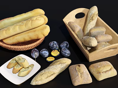 Fresh Baguettes and Assorted Bread in Wicker Basket and Wooden Tray with Plums 3d model