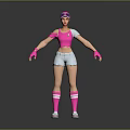 Game Movie Character with Pink Visor Crop Top Gray Shorts Pink Gloves and Striped Socks