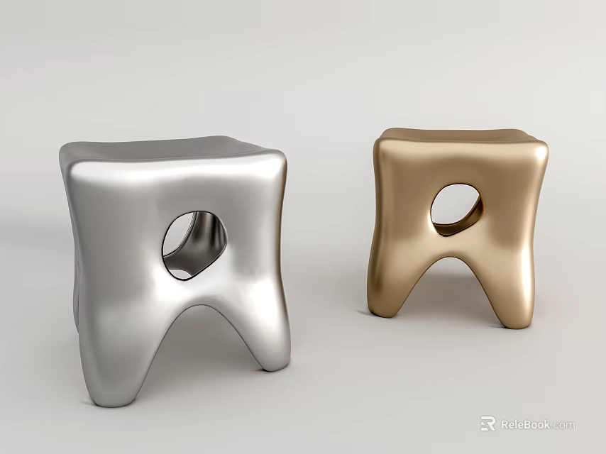 Modern Silver and Gold Stools with Abstract Shape and Circular Cutout 3d model 