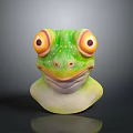 Vibrant Green Reptile Head Sculpture Featuring Large Yellow Eyes And Smooth Glossy Skin