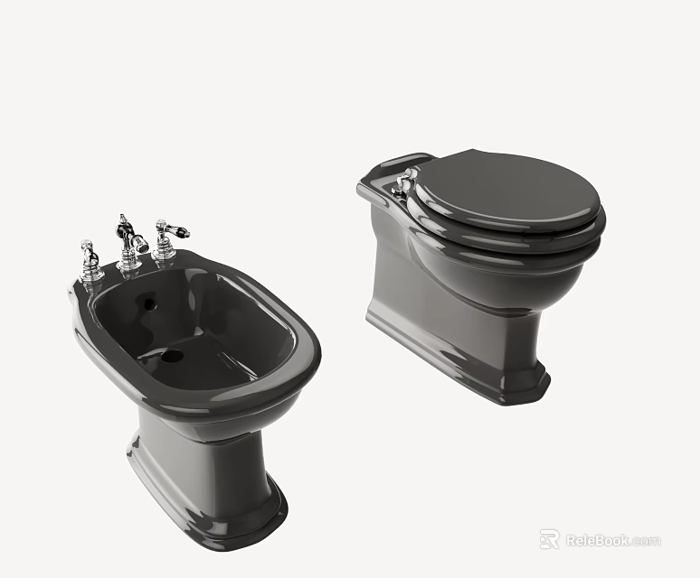 Classic Black Ceramic Toilet And Bidet Set For Bathroom Interior Design 3d model 