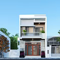 Modern White Townhouse Exterior With Balcony Railings Front Door And Trees