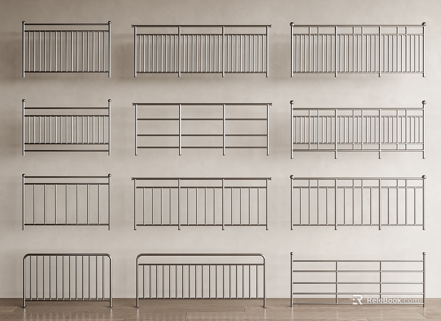 Various Metal Railing Designs Showcasing Different Horizontal And Vertical Bar Styles 3d model 