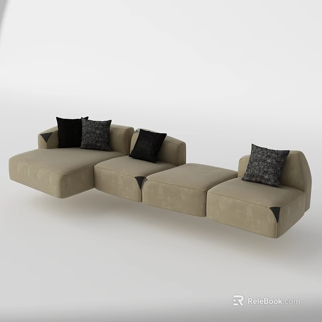 Modern Beige Sectional Sofa with Black Pillows and Comfortable Seating 3d model