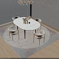 Modern Oval Dining Table Set With Marble Top Four Light Colored Chairs And Rug 3d model
