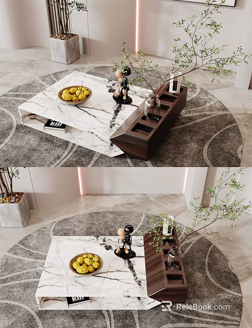 Modern Marble Coffee Table With Fruit Bowl Decorative Items And Plants In Living Room Rug 3d model 