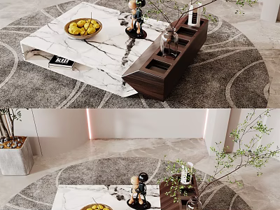 Modern Marble Coffee Table With Fruit Bowl Decorative Items And Plants In Living Room Rug 3d model