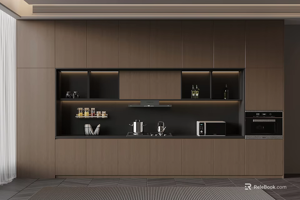 Modern Kitchen Interior With Dark Cabinets Built-in Appliances Open Shelves And Lighting 3d model 