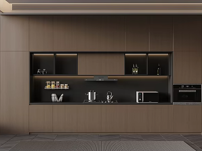 Modern Kitchen Interior With Dark Cabinets Built-in Appliances Open Shelves And Lighting 3d model