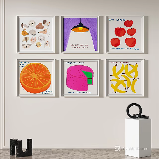 Vibrant Abstract Paintings Featuring Fruits Animals And Lamp Elements On Wall 3d model
