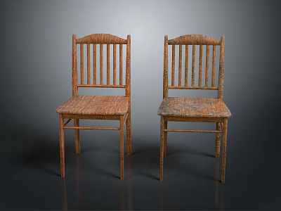 Two Rustic Wooden Leisure Chairs With Slat Back Design And Woven Seats 3d model