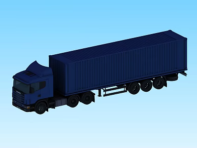 Blue Container Truck With Large Cargo Container And Multiple Wheels On Light Blue Background 3d model