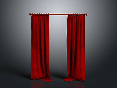 Red Curtain Interior Design With Wooden Rod And Pleated Fabric 3d model