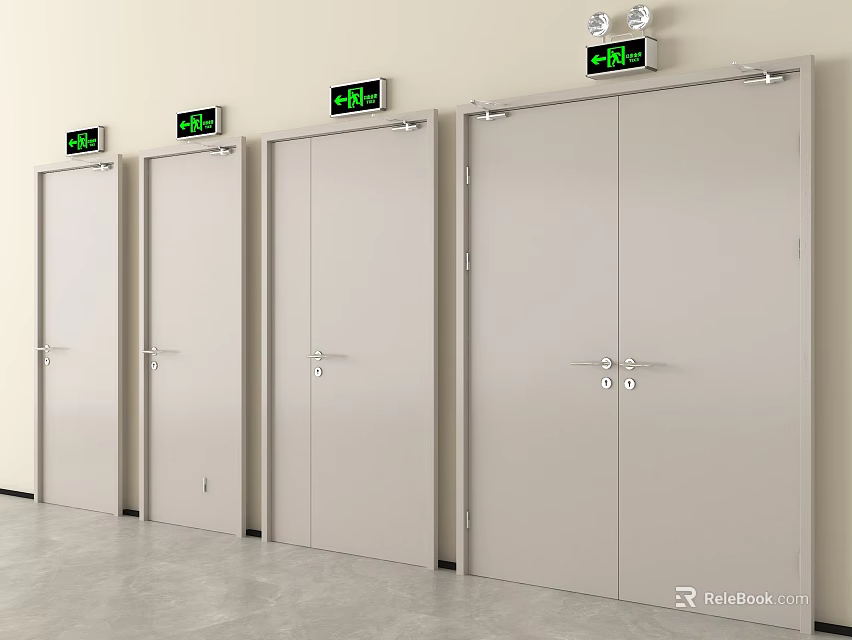 Light Colored Safety Doors With Green Digital Displays In Indoor Commercial Space 3d model 