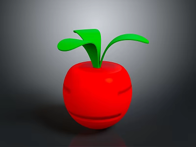 Fresh Red Round Fruit With Vibrant Green Leaves On Shiny Surface 3d model