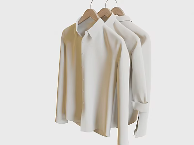 Three Light Colored Long Sleeve Shirts Hanging On Hangers 3d model