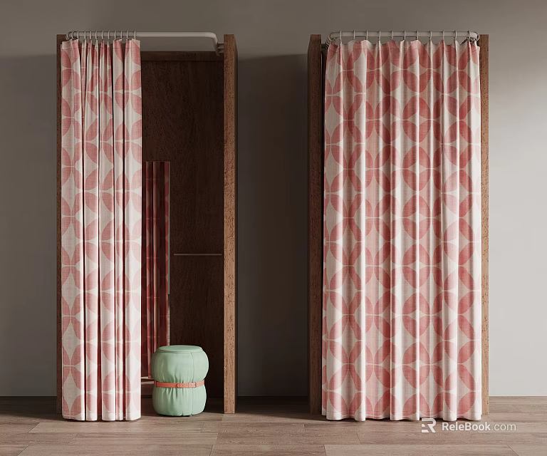 Pink And White Geometric Pattern Curtains In Modern Interior With Wooden Cabinet 3d model 