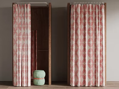 Pink And White Geometric Pattern Curtains In Modern Interior With Wooden Cabinet 3d model