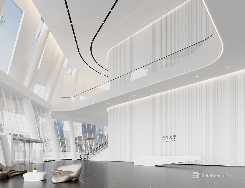 Modern Minimalist White Lobby Reception Area With Glass Sofa And Chandelier 3d model 