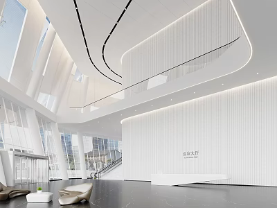 Modern Minimalist White Lobby Reception Area With Glass Sofa And Chandelier 3d model