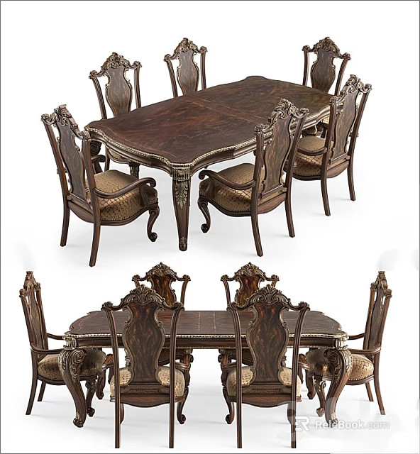 Classic Wooden Dining Set with Carved Details and Upholstered Chairs 3d model 