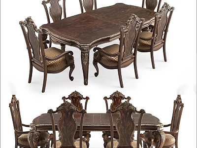 Classic Wooden Dining Set with Carved Details and Upholstered Chairs 3d model