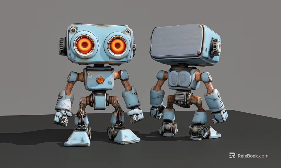 Two Smart Blue Robots With Orange Glowing Eyes And Mechanical Body Design 3d model 