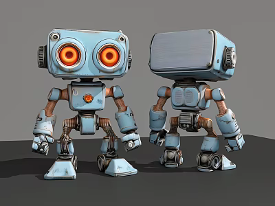 Two Smart Blue Robots With Orange Glowing Eyes And Mechanical Body Design 3d model