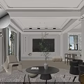 Modern Bright Living And Dining Room With Stylish Curved Sofa And Large Landscape Window