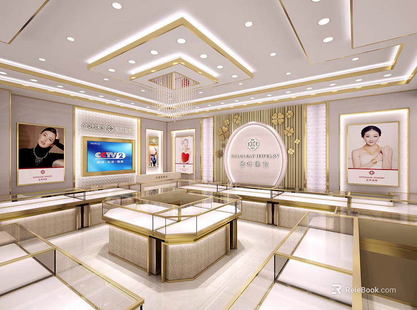 Luxury Jewelry Store Interior With Glass Display Cases Elegant Lighting And Wall Posters 3d model 