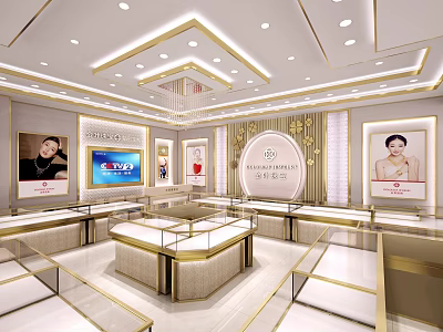 Luxury Jewelry Store Interior With Glass Display Cases Elegant Lighting And Wall Posters 3d model