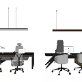 Stylish Office Desks Setup With Ergonomic Chairs Computers And Hanging Pendant Lights 3d model