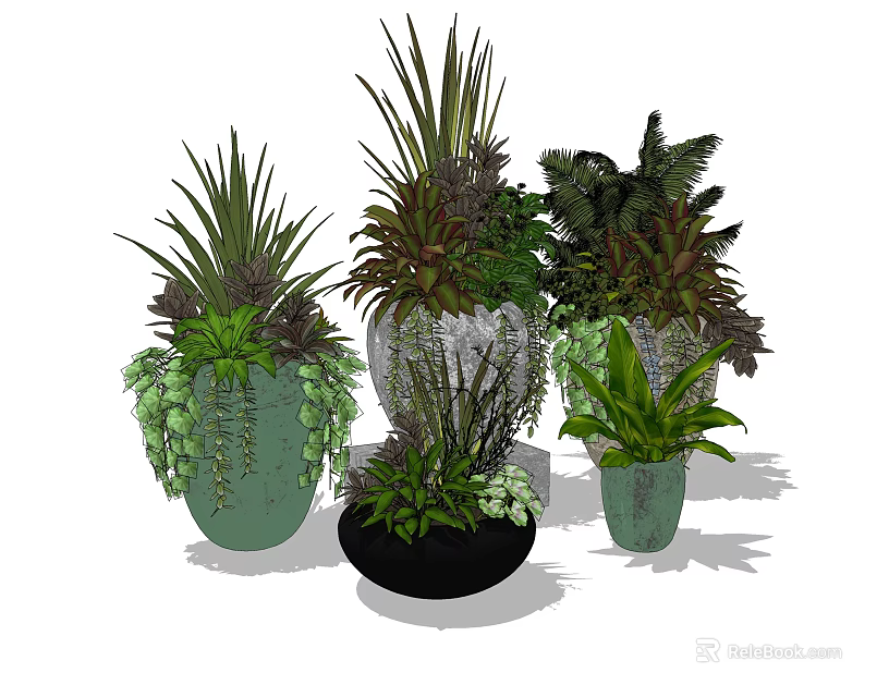 Varied Bonsai Potted Plants With Different Colorful Pots And Green Foliage 3d model 